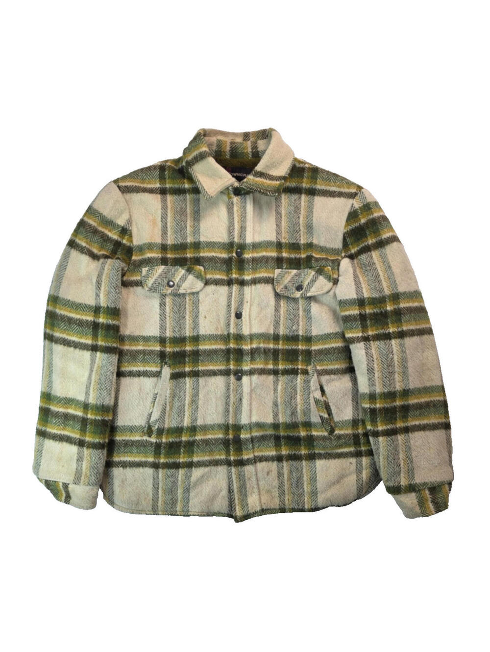 TownCraft Pennys Vintage 1960s 70s Green Plaid Wool Shearling Lined Jacket Men M